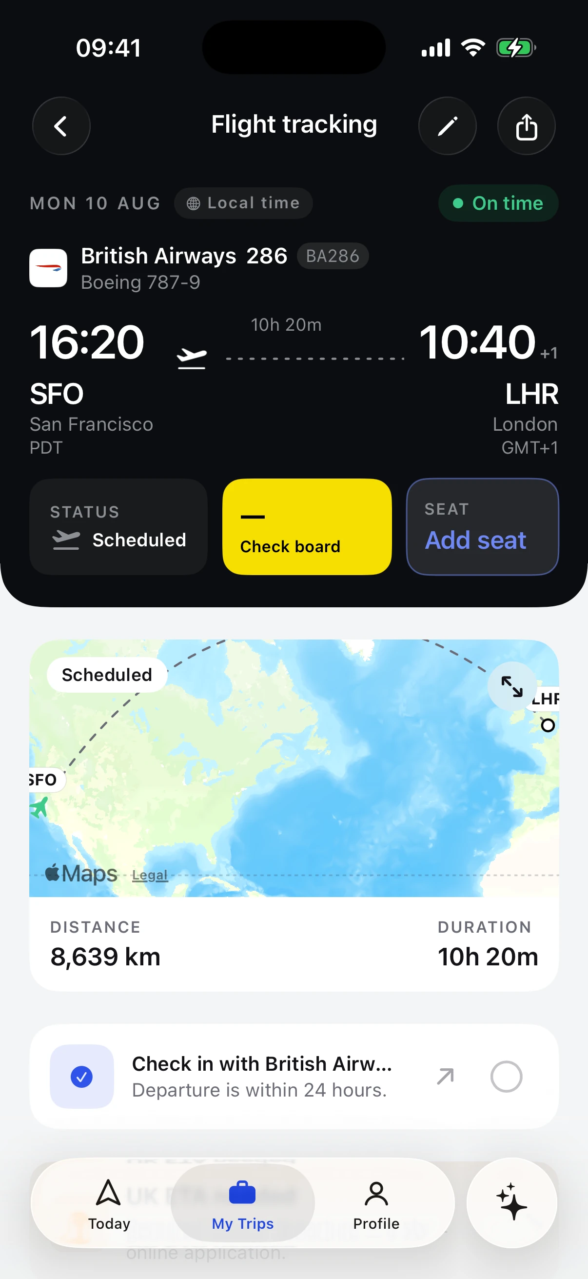 British Airways 286 in Tripy: a Boeing 787-9 to London, on time