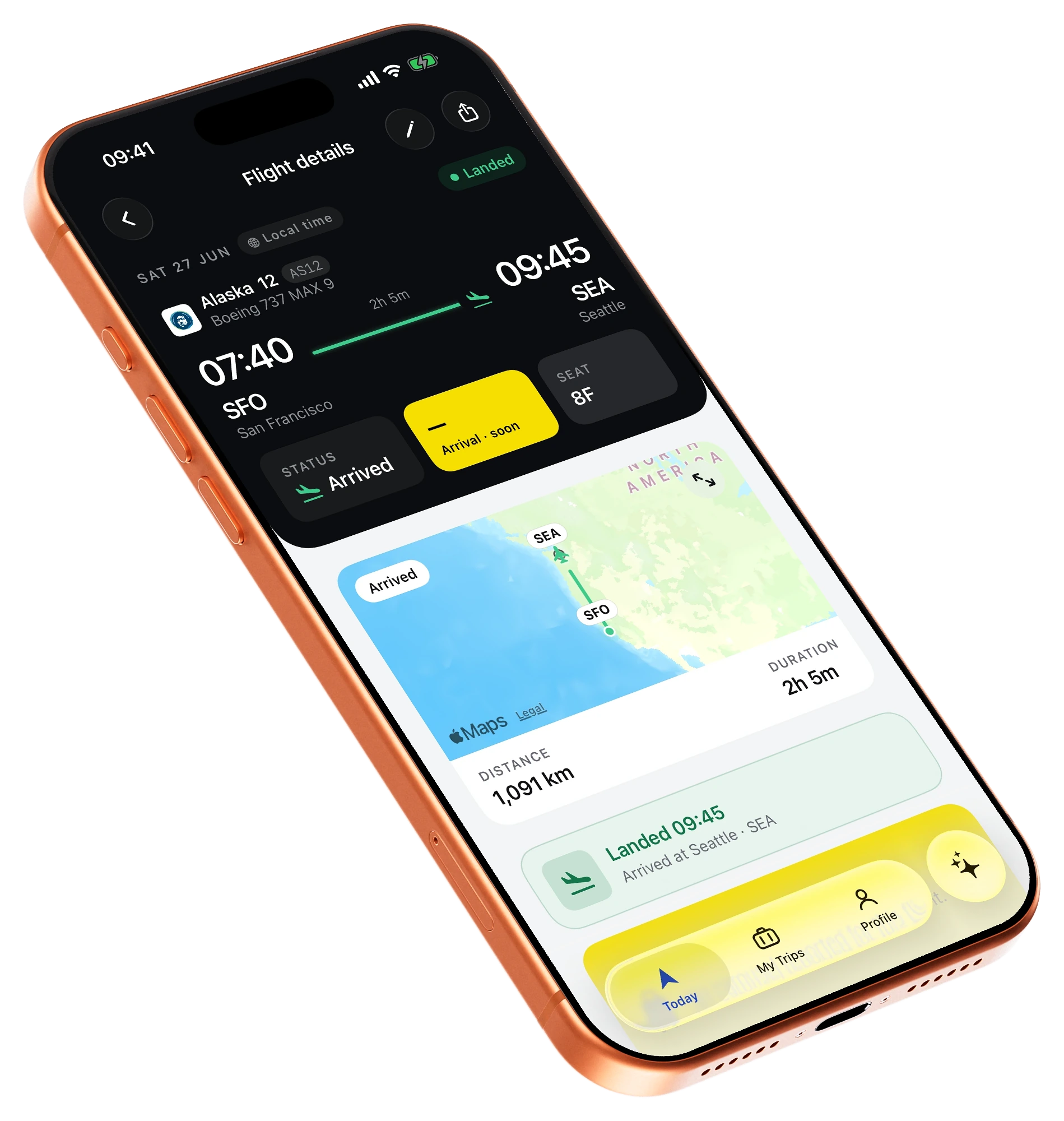 Tripy on a floating iPhone 17 Pro, showing a landed flight