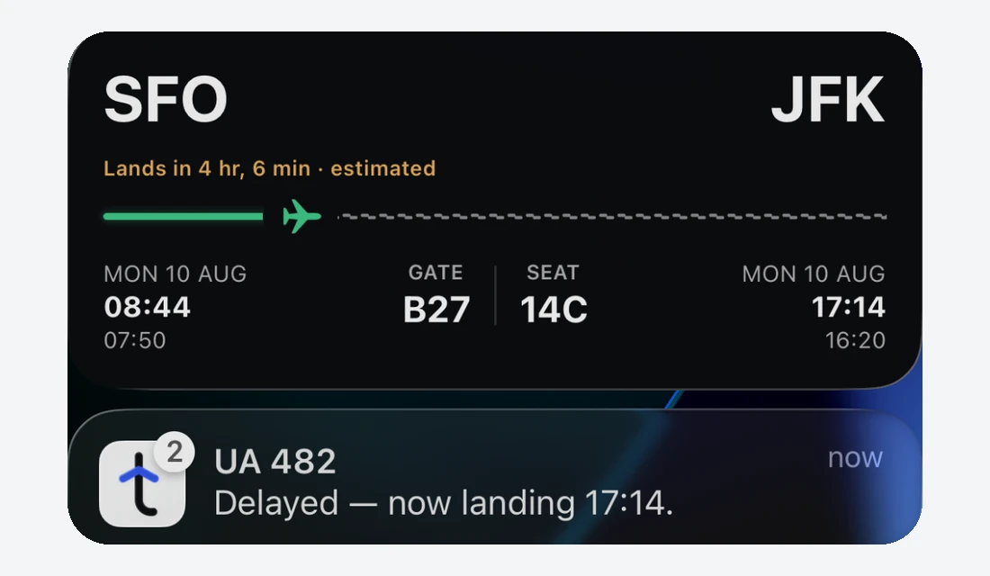 Close-up of Tripy's Live Activity: route, gate, seat and progress