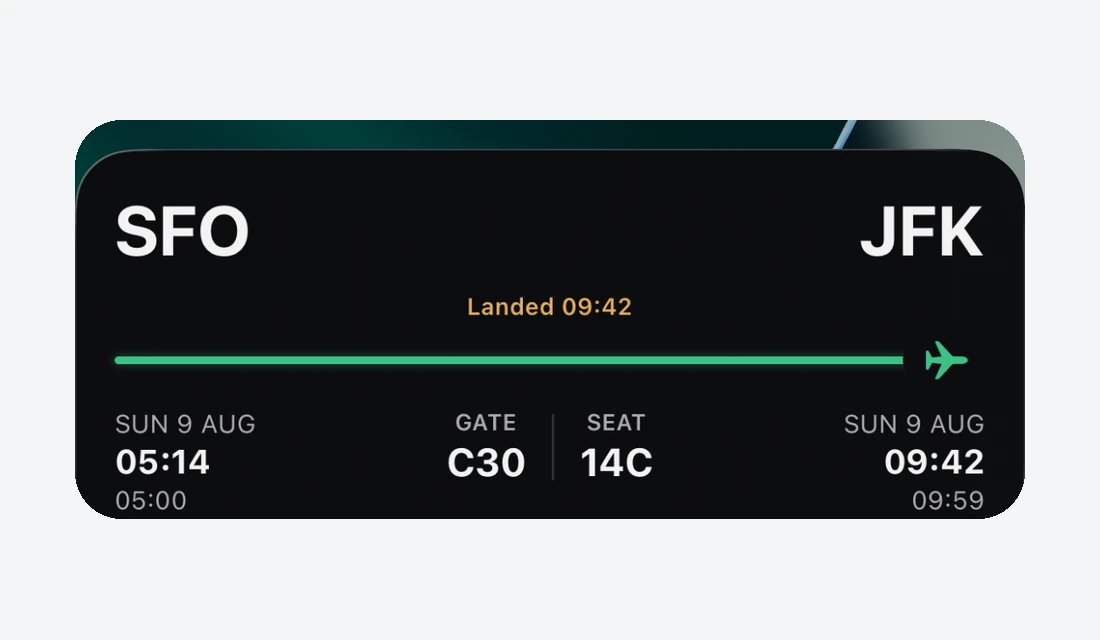 Close-up of Tripy's Live Activity: route, gate, seat and progress