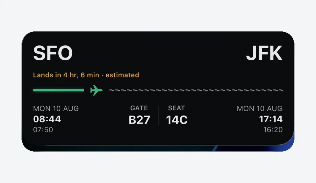 Close-up of Tripy's Live Activity: route, gate, seat and progress