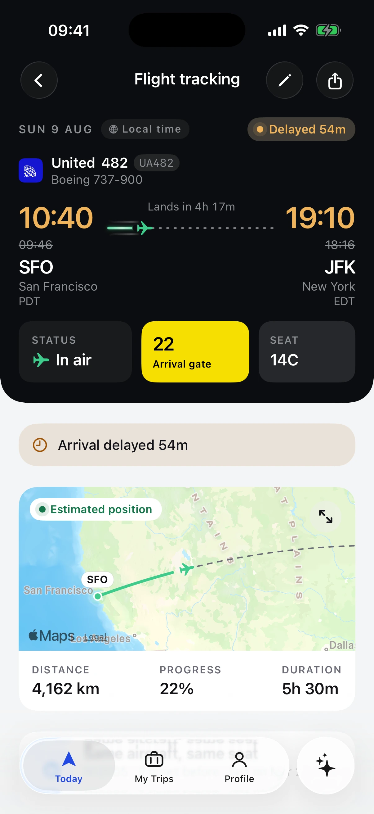 Live flight tracking in Tripy, with the aircraft on the route map