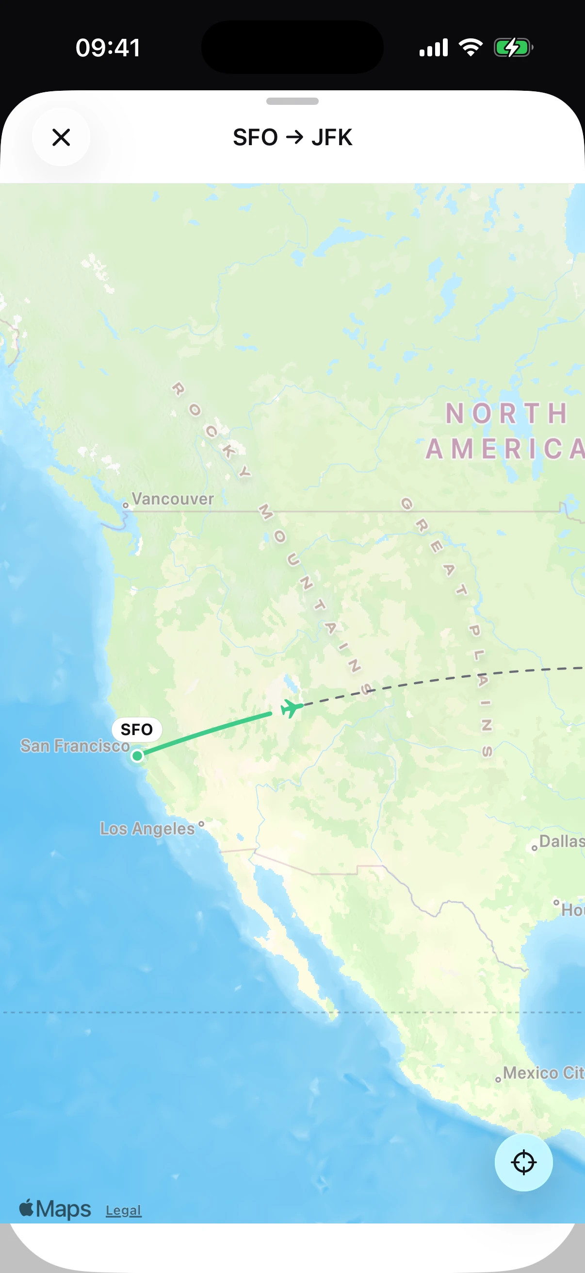 The full-screen route map in Tripy, following the flight live