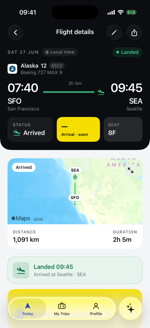 A landed flight in Tripy, showing the aircraft type and arrival