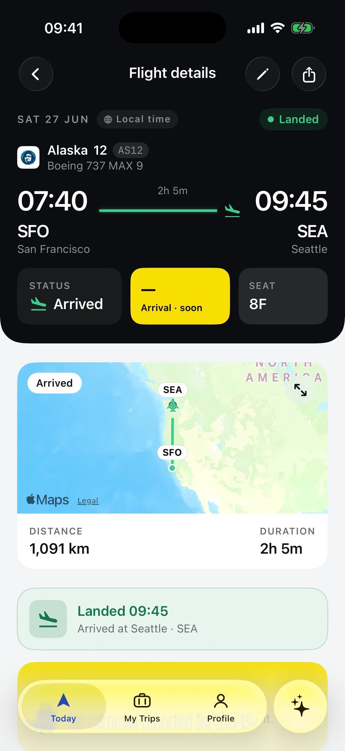 A landed flight in Tripy, showing the aircraft type and arrival