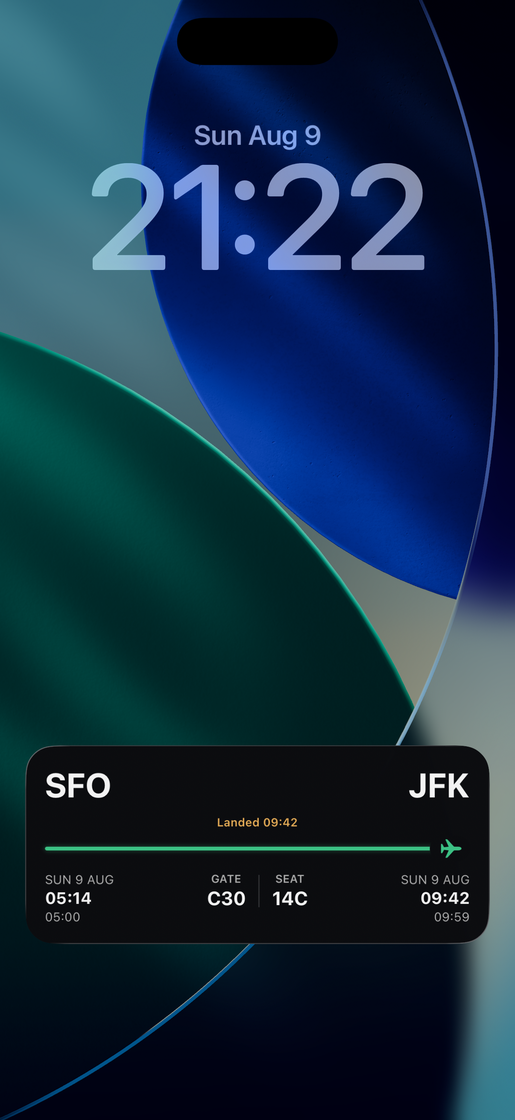 Tripy's Live Activity on the iPhone Lock Screen, showing the route, gate and seat without unlocking