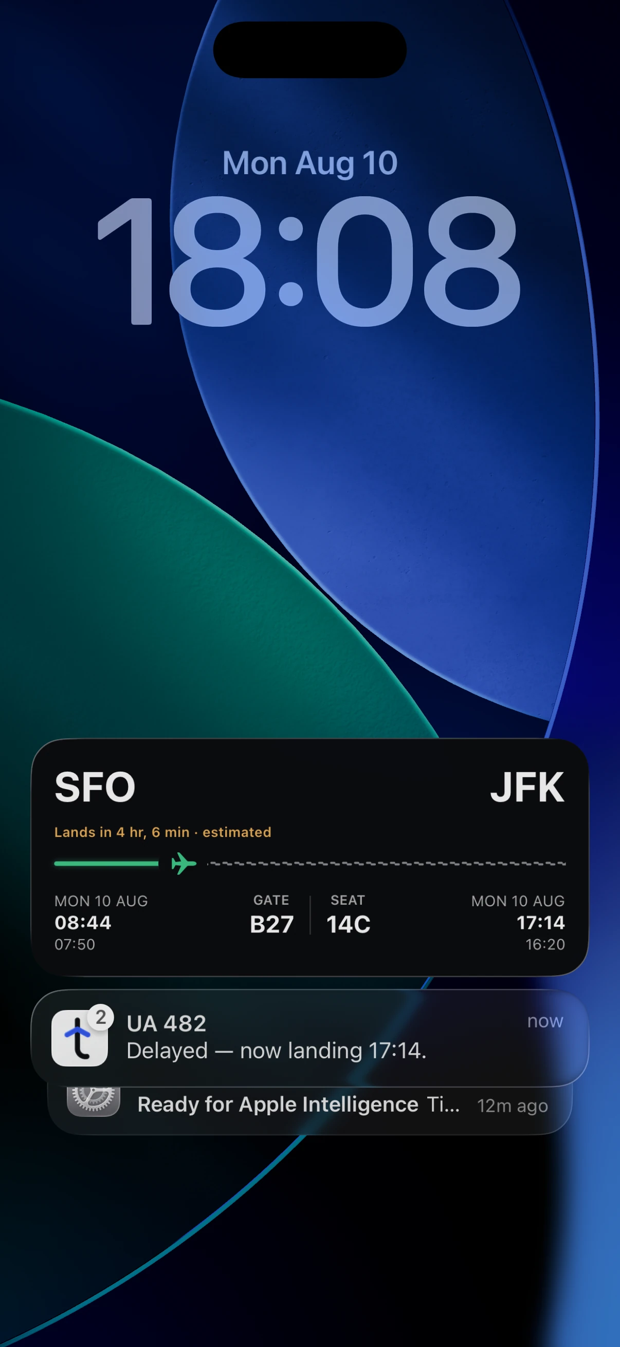 Tripy's Live Activity on the iPhone Lock Screen, showing the route, gate and seat without unlocking