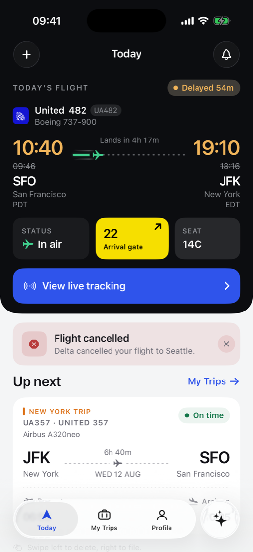 The Tripy Today screen, tracking a delayed United flight