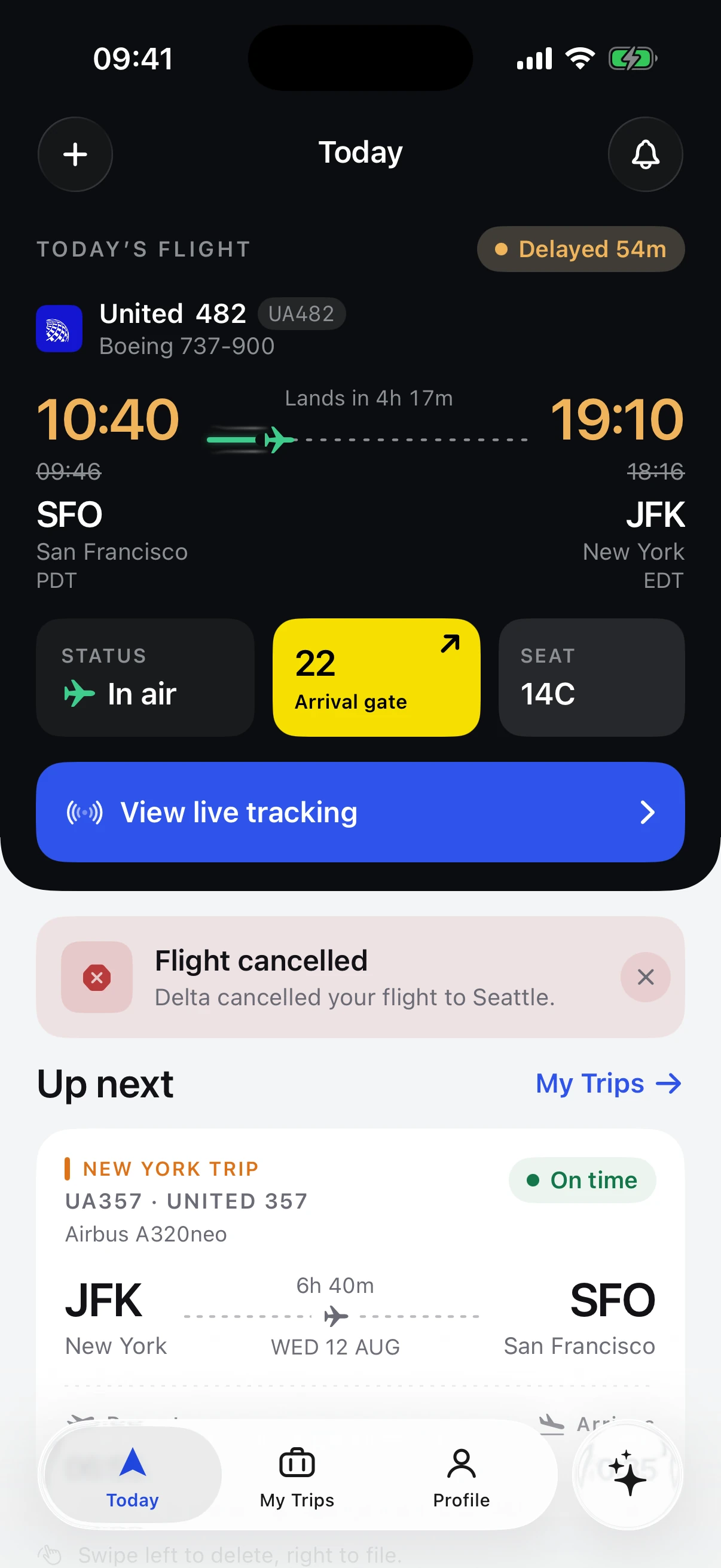 The Tripy Today screen, tracking a delayed United flight