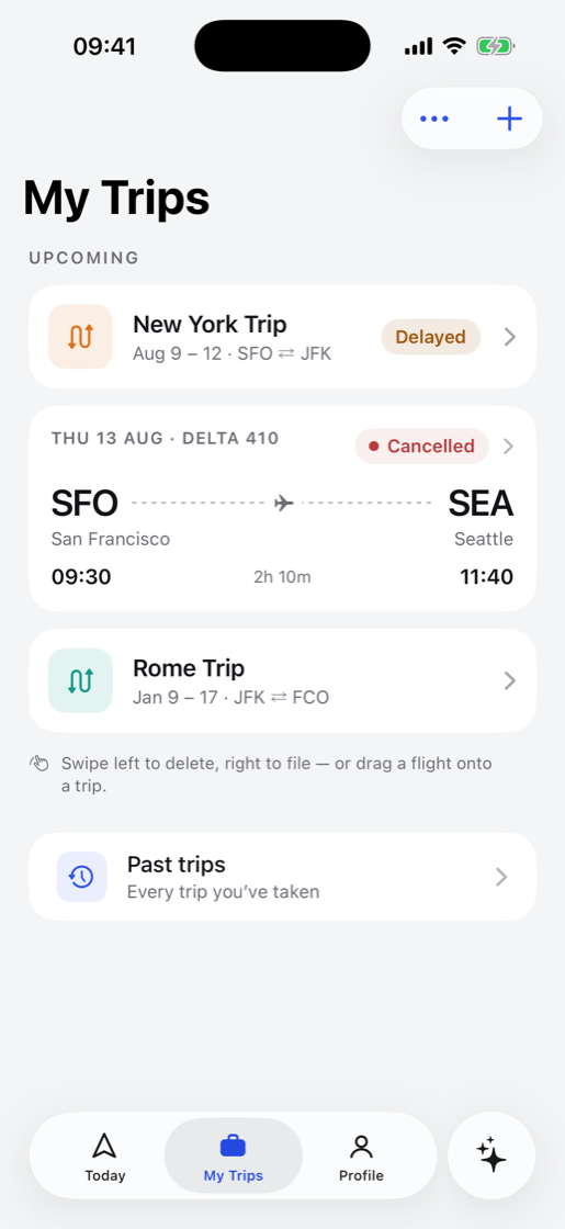 The My Trips screen in Tripy, with upcoming trips and flights