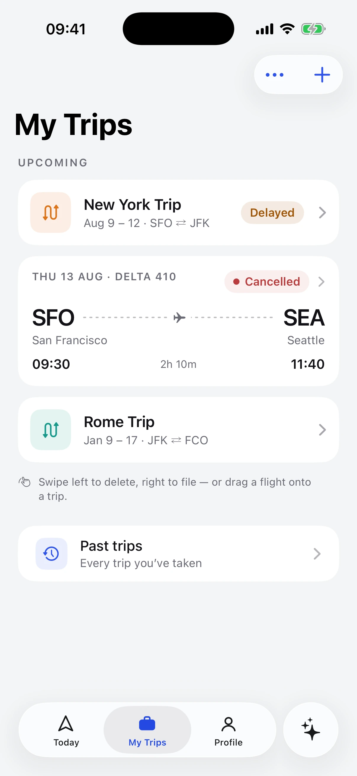 The My Trips screen in Tripy, with upcoming trips and flights