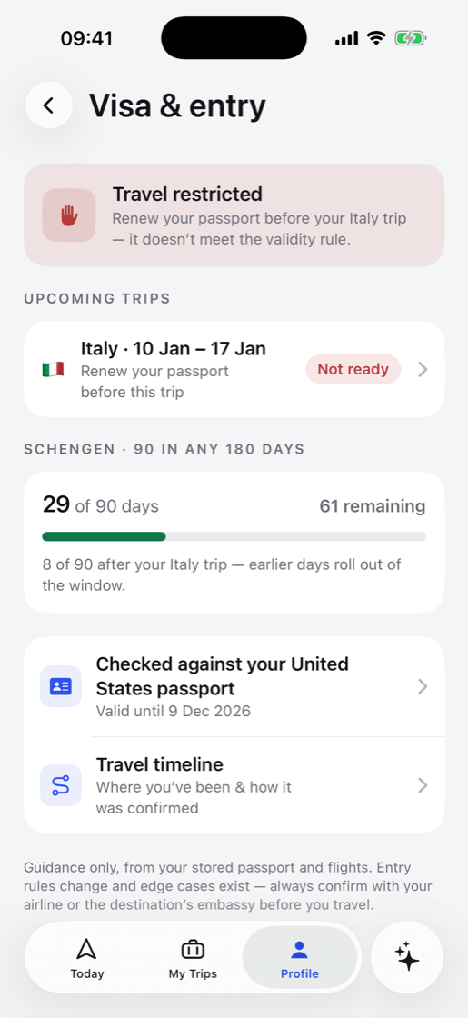 Visa and entry requirements in Tripy, flagging a passport that fails the six-month rule