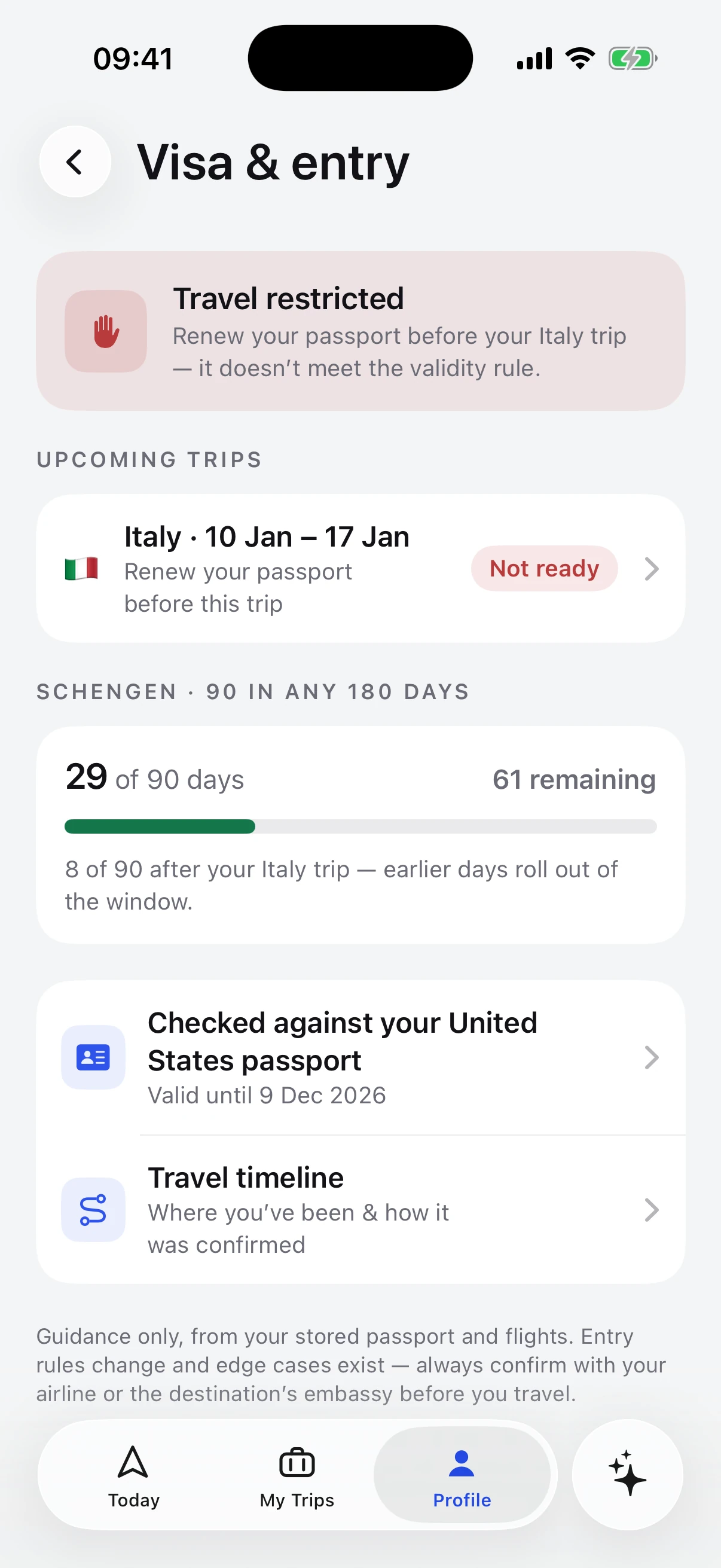 Visa and entry requirements in Tripy, flagging a passport that fails the six-month rule